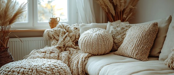 Cozy Living Room Interior with Knitted Decor and Natural Elements