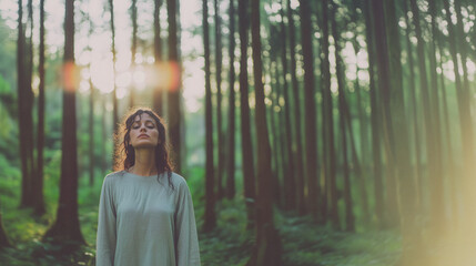 Woman meditating in forest with sunlight and tall trees, AI generated