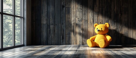 Bright Yellow Teddy Bear Sitting Alone in a Wooden Room