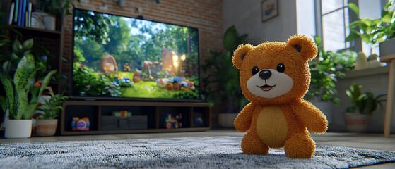 Cute plush bear toy in a cozy living room with playful background