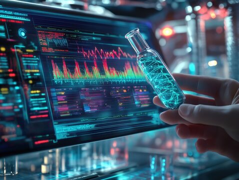 Futuristic lab scene with a hand holding a glowing vial. High-tech display shows data and graphs