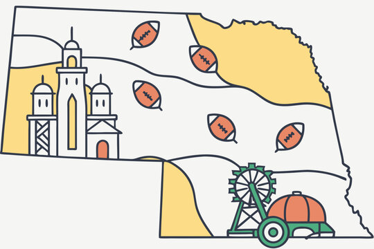 Map of Nebraska with major cities marked and icons for farming, history, and football in modern flat illustration style