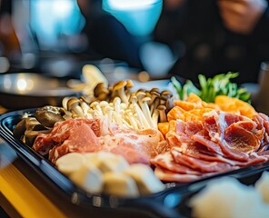 Assorted raw meat, mushrooms, and vegetables arranged on a black tray, ready for cooking.
