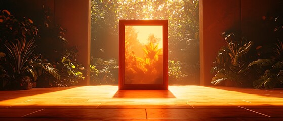 Ethereal Forest Scene with Framed Light and Lush Greenery