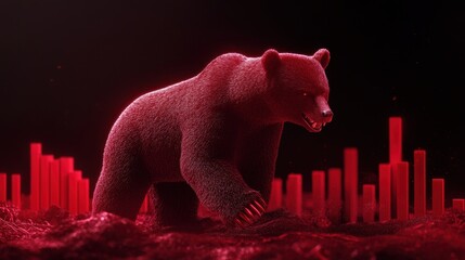 Luminous red bear among falling red elements in a mystical scene