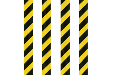Warning striped tape marking restricted perimeter with black and yellow diagonal lines on transparent surface