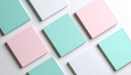 Neo-mint, blush pink and dove gray sticky notes in precise 30° staggered arrangement.