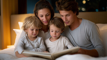 Obraz premium A young family enjoying a cozy reading moment together in a bedroom