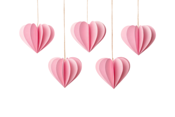 Five pink paper hearts hanging from strings, 3D folded design, Valentine's decoration, romantic craft, isolated on a transparent background