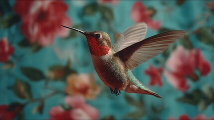 Fototapeta premium Hummingbird in Flight Floral Background