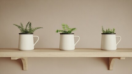Fototapeta premium Ferns in mugs on shelf, minimalist home decor