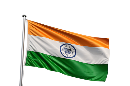 Indian flag with saffron white green stripes and blue chakra wheel waving, isolated on a transparent background