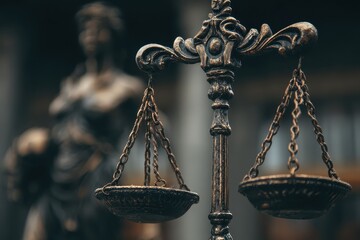Scales of justice centered, blurred figure in the background, bronze tone