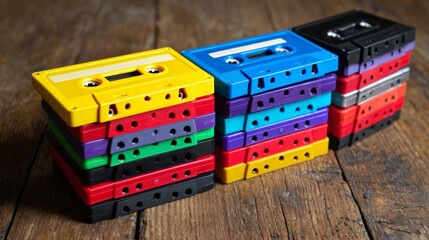 Colorful Cassette Tapes Stacked on Wooden Surface
