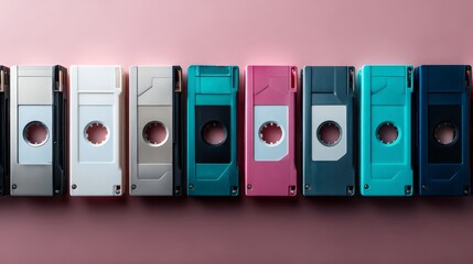 Colorful Vintage Cassette Tapes on Pink Background