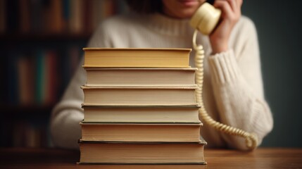 Woman on Phone with Stack of Books in Soft Focus