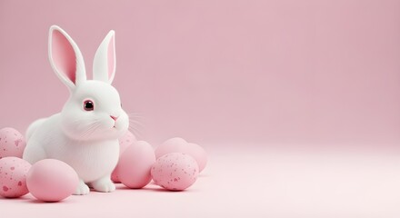 Fototapeta premium Minimalist White Rabbit with Pink Easter Eggs on Pastel Pink Background isolated PNG with Transparent Background