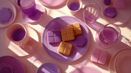 Sweet Treats on Purple Tableware with Soft Lighting