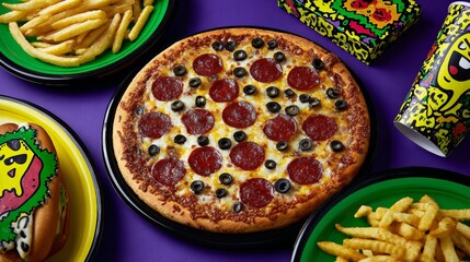 Vibrant Pizza and Fast Food on Colorful Tabletop