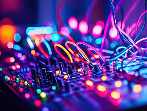 Colorful electronic music equipment lit with vibrant neon lights