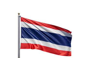 Thai national flag with horizontal color bands red white blue waving in wind, isolated on a transparent background