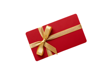Red gift card with golden ribbon tied in decorative bow, perfect for holiday gifting, isolated on a transparent background
