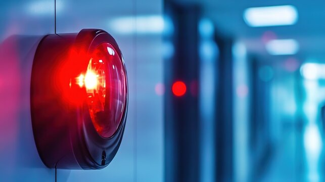 Red emergency alarm light illuminated on a modern wall in a blue-toned corridor with blurred lights in the background.
