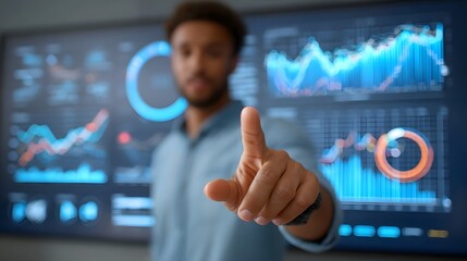 Professional gesturing towards digital data chart on screen