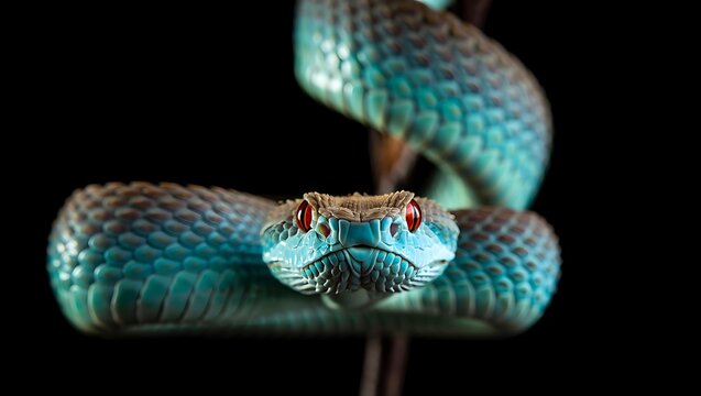 A striking close up of a vibrant blue pit viper with piercing red eyes coiled on a dark background showcasing its intricate scales and reptilian features