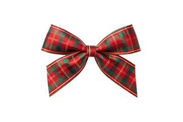 Red and green tartan plaid ribbon bow with classic checkered pattern, festive holiday accessory, isolated on a transparent background