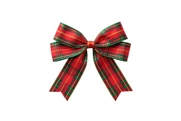 Red and green tartan plaid ribbon bow with traditional checkered weave, holiday gift decoration, isolated on a transparent background