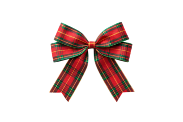 Red and green tartan plaid ribbon bow with traditional checkered weave, holiday gift decoration, isolated on a transparent background