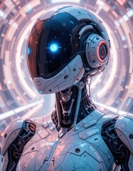 an android figure is displayed against a backdrop of circular, blurred lines. the robot has a reflective helmet with blue lights visible on the visor
