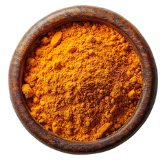 Turmeric powder in wooden bowl isolated on transparent background