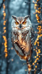 Fototapeta premium Majestic owl with bright orange eyes perched on a snow covered branch with festive lights