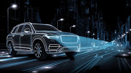 Digital Car on City Street at Night