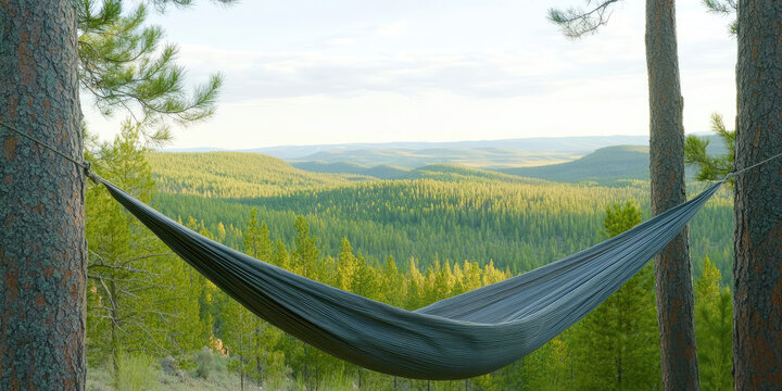 A hammock is suspended between two trees with a scenic forest view in the background. Tranquility and nature relaxation