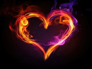 Fototapeta premium Heart shape formed from vibrant, colorful flames and smoke on a dark background