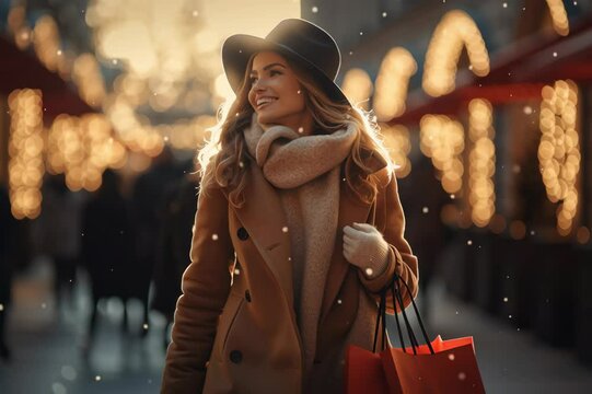 Beautiful stylish woman. walking on the street doing Christmas shopping