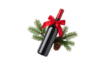 Dark wine bottle with red ribbon bow and evergreen sprigs, festive holiday decoration, isolated on a transparent background