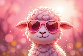the image centers on a cartoonish fluffy animal wearing stylish pink sunglasses. the overall scene has a soft, pink hue, with bokeh and blurred shapes creating a dreamy effect in the background