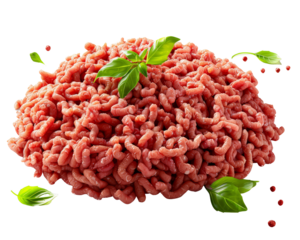 Fresh ground beef with basil leaves raw minced meat isolated on transparent background perfect for cooking recipe or food packaging design