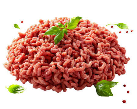 Fresh ground beef with basil leaves raw minced meat isolated on transparent background perfect for cooking recipe or food packaging design