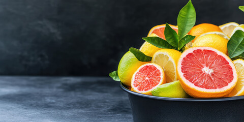 A bowl is filled with assorted citrus fruits, including sliced grapefruit and lemons, garnished with green leaves. Fresh citrus fruit variety in a bowl