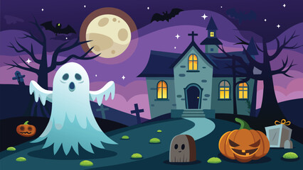 Pumpkin ghost ghost haunts the castle on Halloween night full moon illustration Halloween