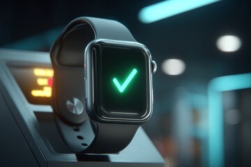 Smartwatch with green checkmark on screen in futuristic setting