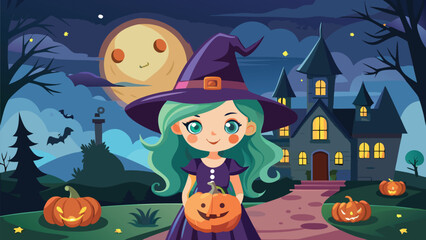 Pumpkin Witch Ghost Tower Illustration Halloween