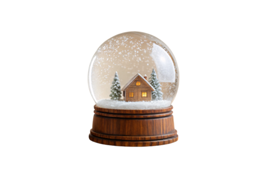Snow globe with wooden base featuring illuminated cabin with glowing windows surrounded by snowy pine trees, isolated on a transparent background - Powered by Adobe