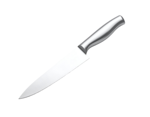 A single sharp kitchen knife with a black handle isolated on a white background