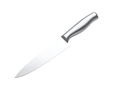 A single sharp kitchen knife with a black handle isolated on a white background